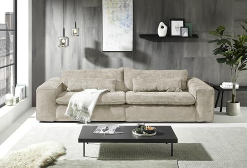 Big Sofa 300 cm breit, Modell Vince, Tiefe Sitzfläche, pflegeleichter Stoffbezug, Nosagfederung, Rücken echt bezogen, mittlere Sitzhärte, inkl. 2 Rückenkissen, 2 Nierenkissen, Taubengrau