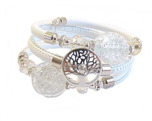 VENEZIA CLASSICA - Bracciale da Donna Albero della vita con perle in Vetro di Murano Originale e vera pelle Toscana, Collezione Bloom, con foglia in oro 24kt o Argento, Made in Italy