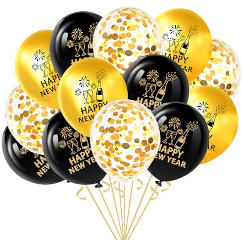 Silvester Deko 2026 Luftballons,18 Stück Happy New Year Ballons,Schwarz Gold Silvesterparty 2026 Deko Ballon,Luftballons Neujahr mit Champagner,für Silvesterdeko Neujahrsdeko Tischdeko Party Zubehör