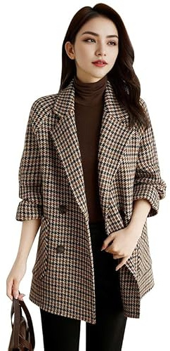Runstarshow Womens Houndstooth Coat Double Breasted Tweed Blazer with Pockets Vintage Check Oversized Warm Jacket Autumn Winter Office Overcoat UK Sizes 8-16 (S-XXL)