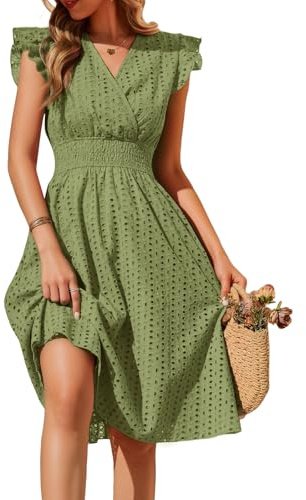 PASUDA Womens Summer Dress Ruffle Sleeve V Neck Midi Dress Loose Sleeveless Cotton Swing Elastic Waist Wrap Dress with Pockets Boho Sundress Beach Dresses for Casual Holiday Daily