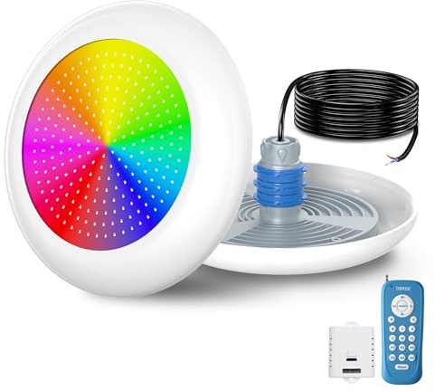 OSREE Projecteur Piscine Vissable avec Filetage 1,5, 25W RGB Spot LED Piscine Multicolore Contrôle avec Télécommande,Ø242mm,12VAC Étanche IP68 Remplie Résine Lampe sur Prise Balai pour Piscines Béton