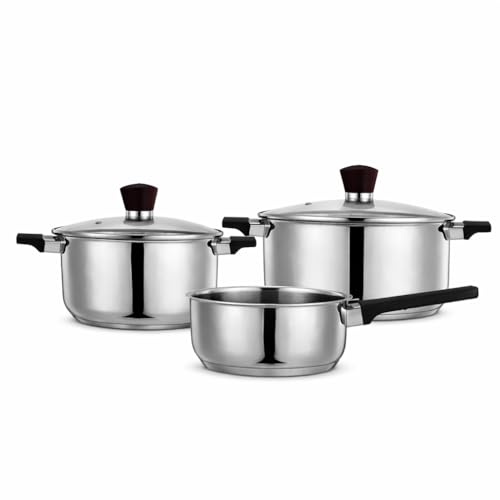 Batteria di Pentole in Acciaio Inox 18/0 per Induzione – Set 3 Pezzi con Coperchio – 1 Casseruola con Manico 16x7,5 cm + 2 Casseruole con Coperchio 18x9,5 cm e 20x10,5 cm – Adatte a Tutti i Piani Cott