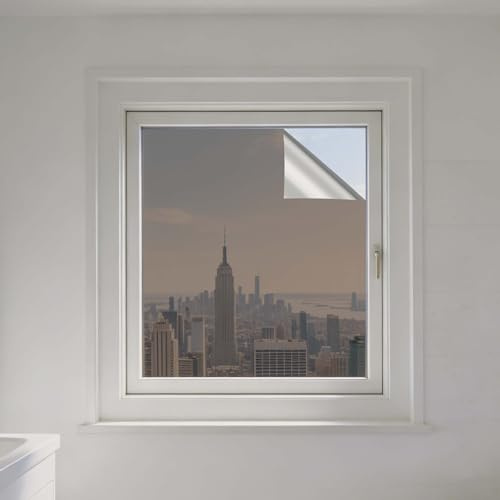 Lámina Protectora Solar para Ventana 110 x 330 cm Anti UV Anti Calor Unidireccional Vinilo para Ventanas Efecto Espejo No Pegamento para Hogar Oficina Tienda, té de Plata