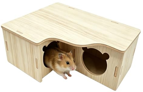 HXSYKJDM Hamster House Wooden Hideout – Natural Wood Small Animal Hideaway | Safe Chew Toy & Sleeping Hut Platform for Syrian, Dwarf Hamsters, Gerbils, Mice, 22.5x17.8x8cm