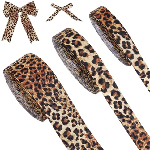 MAYJOYDIY 3 Rollen Leopardenmuster Band Gepard Druck Grobgarn Band 16/20/39mm Braunes Leopardenfleck für Strauß Geschenkverpackung Kranzschleifen Basteln Partydeko