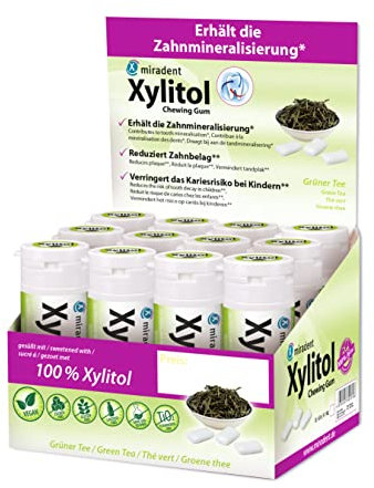 miradent Xylitol Zahnpflegekaugummi Grüner Tee Display 12 St. | erfrischender Geschmack | zuckerfrei | vegan | kariespräventiv | für unterwegs