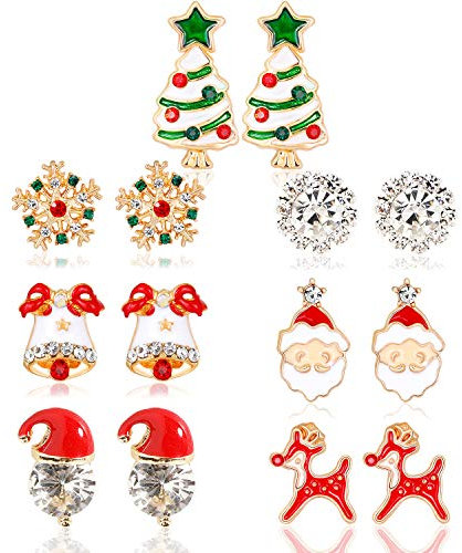 HOWAF 7 Paare Ohrringe Ohrstecker Weihnachten Set für Damen Mädchen Kinder Weihnachten Geschenk, Weihnachtsbaum Weihnachtsmann mütze Rentier Schneeflocke Glocke Ohrringe Ohrstecker Dekoration