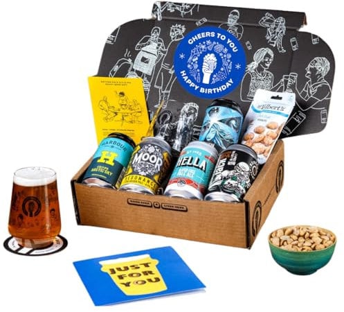 Premium Craft Pale Ale/IPA Happy Birthday Beer Gift Hamper - 5 Independent British Craft Beers, a Snack and Beer Tasting Glass by QWERTY Beer Box - Birthday Beer Gift for Men, Craft Beer Gift Set