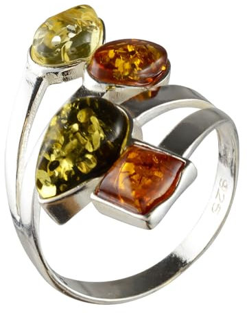 HolidayGiftShops Mehrfarbiger Ring für Erwachsene aus Sterlingsilber und baltischem Bernstein Marcia - Größe 15.75