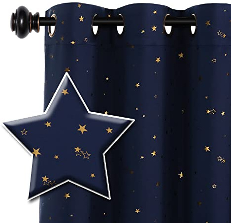 H.VERSAILTEX Verdunkelungsvorhänge für Kinderzimmer, Jungen, Mädchen, glitzernde Sterne, wärmeisoliert, niedlich, dick, weich, mit Ösen, 1 Panel, 132,1 x 213,4 cm (B x L), Marineblau/Bronze
