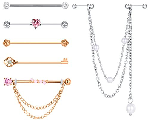 AceFun Industrial Piercing Piercings 14Gauge 1.6mm 38mm Industrial Boucles d'oreilles Dangle Double Cartilage Forward Helix Earring Rose Gold Rose Zirconium Rose Flower Pearl Bead Wrap