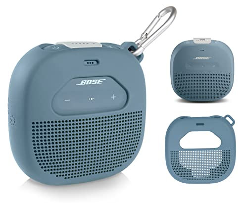 Étui de protection pour haut-parleur Bose SoundLink Micro Bluetooth par WGear, design avec poche en maille pour câble et autres accessoires, sangle élastique pour sécuriser l'appareil (Bleu pierre)