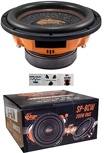 1 subwoofer SP AUDIO SP-8CW SP8CW 20 cm 200 mm 8 diametro doppia bobina dvc 2+2 ohm 200 watt rms 400 watt max cofano bagagliaio auto car, 1 pezzo + 3 sticker omaggio