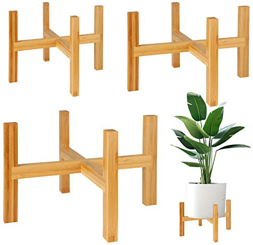 GOYADA 3-Piece Mid Century Rustic Corner Plant Stand, Bamboo & Wood, Tool-Free Assembly, Suitable for Indoor/Outdoor Use