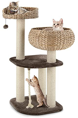 GOPLUS Arbre à Chat 104 CM en Tige de Massette, 4 Niveaux, avec Plateformes, Niche, Poteaux en Sisal, Coussin Souple, Boule et Corde Suspendues pour Chats et Chatons, Marron et Beige