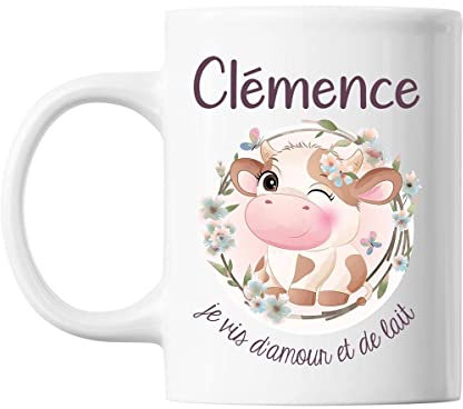 Mug Clémence Amour et Biberon de Lait Vache | Tasse prénom idée cadeau Humour Mignon pour enfant fille | Imprimé en France