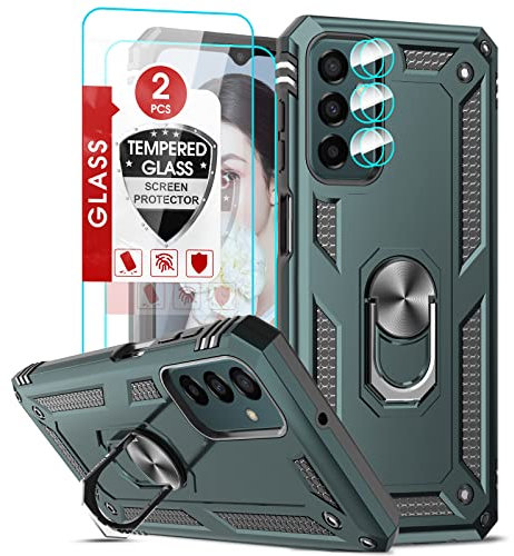 LeYi Funda para Samsung Galaxy M13 4G / M23 5G con 2 Piezas Protectores Lente Cámara y 2 Piezas Vidrio Templado, Carcasa Armor con 360 Anillo Soporte PC y Silicona TPU Antigolpes Case,Verde