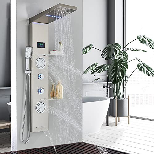 Pannello Doccia LED, Colonna Doccia Idromassaggio, Rubinetto Miscelatore, 4 Funzioni Sistema Doccia con Massaggi, Soffione Fisso, Doccetta, Rubinetto per vasca, Nichel Spazzolato