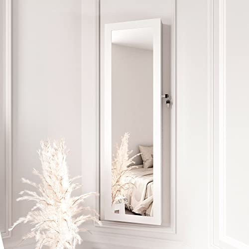 CARME Amelia Collection - Amelia White Wall Mounted Mirrored - Jewellery Cabinet - Internal LED Lights - Bedroom - Organiser - 2 Drawers - Lockable - Storage