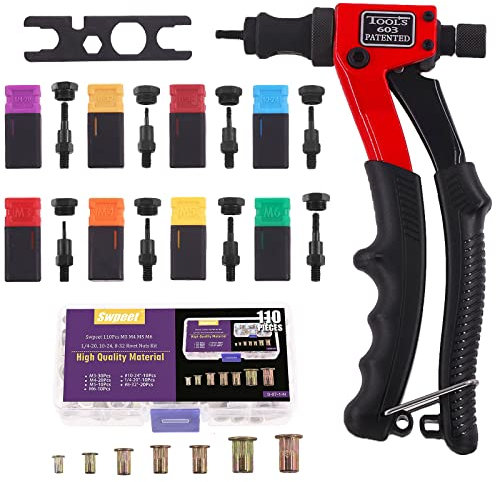 Swpeet 120Pcs Rivet Nut Tool Hand Nietmutter Nieten Werkzeug mit 8Pcs SAE und Metric Mandrels M3, M4, M5, M6, 1/4-20, 10-24, 8-32, 6-32 und 7 Größen gemischt verzinkt Kohlenstoffstahl Nietmutter