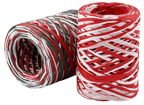 2 Rolls Christmas Raffia Paper Ribbon for Craft, 656Ft Long Raffia Paper Ribbon Twine Strings Colored Paper String for Bows Bouquets Packaging DIY Decoration for Christmas Party