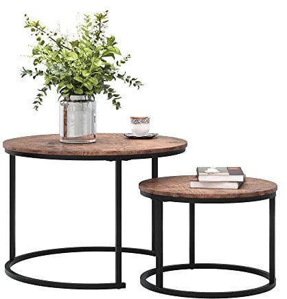 Round Nesting Coffee Table Set of 2 for Living Room, End Side Table with Metal Frame for Small Space, Black and Brown, 69.5 x 49 cm and 49.5 x 35.5 cm (Dia. X H)