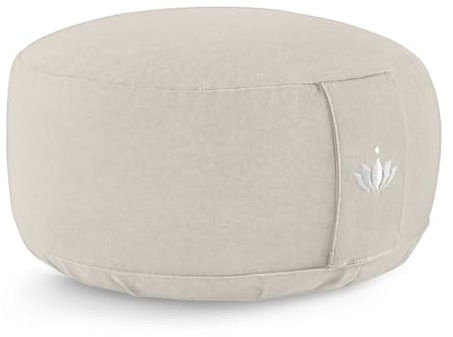 LOTUSCRAFTS® Meditationskissen mit 15cm Sitzhöhe, bestickt, Yoga Kissen mit Dinkelfüllung, Yogakissen Rund, Bodenkissen Rund, Yogakissen Meditationskissen, Yogakissen Bezug waschbar, GOTS zertifiziert