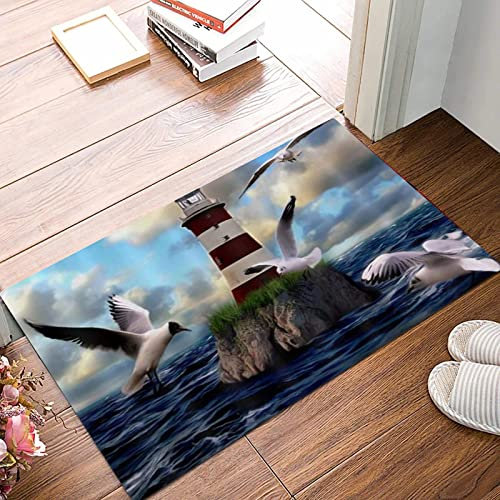ANNKOOT Weich Badezimmerteppich 50x80 cm,Leuchtturm Möwe Meer Ozean Bewölkter Himmel,rutschfest waschbar Badematte, Badteppich Mikrofaser Saugfähig Badvorleger Duschvorleger