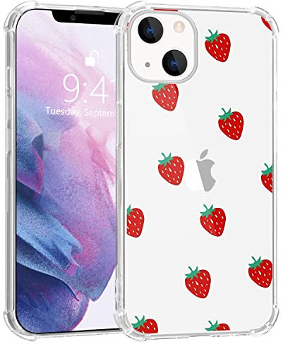 MAYCARI Strawberry Case Clear for iPhone XR, Funny Fruit Pattern Transparent Shockproof Anti-Scratch Soft TPU Cover with Air Cushion for Men Women Boys Girls