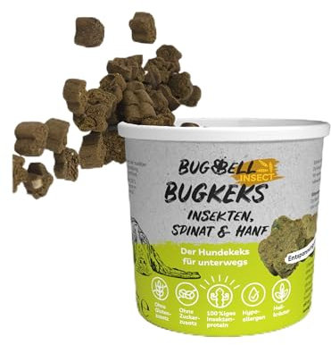 BugBell 8x150g Hundekeks, Hunde Kekse getreidefrei & zuckerfrei, wirkt gegen Stress und Unruhe durch natürliche Zutaten wie Spinat & Hanf & Heilkräuter & Hanföl, hypoallergene Leckerlis, Insekt