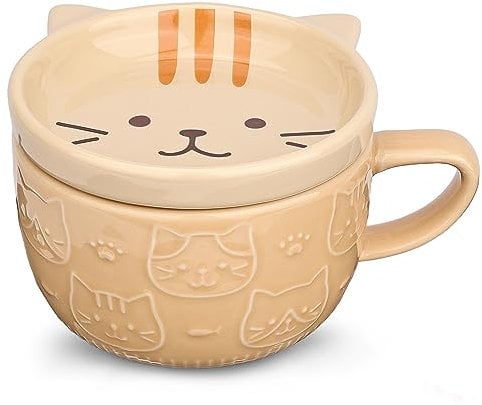Cute Ceramic Cat Coffee Mug with Lid,Kawaii Coffee Mugs or Tea Cups for Cat Lovers,Funny Novelty Cat Breakfast Mugs for Women Wife Mum Girls Boys Friends Kids Christmas Birthday Gift,300ML(Yellow)
