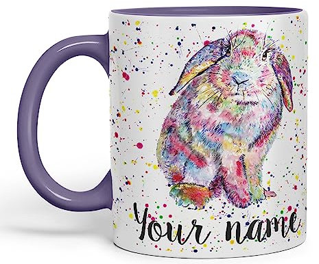 Vixar Personalised with Your Text Lop Rabbit Bunny Eared Watercolour Art Coloured Ceramic Mug Cup Gift 330ml 11oz Custom Work Office Tea Coffee (Purple)