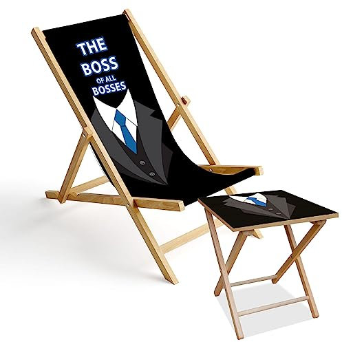 Ferocity Holz-Liegestuhl und Tisch Set | Personalisierbar Klappbar Klappliegestuhl Sonnenliege Strandstuhl | Birkenholz | Gartentisch 40 x 40 x 47 cm | Motiv Boss [119]