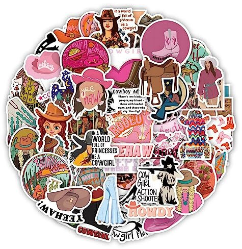 Ericetion Cowgirl-Aufkleber, 50 STK. Aufkleber mit westlichem pinkem Cowgirl-Hut und Stiefeln für Wasserflaschen, Auto, Laptop, Handy, Fahrrad, Motorrad, Skateboard, Gepäck