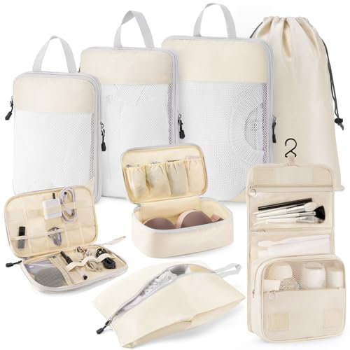 Anjing Compression Packing Cubes, 8 Set Koffer Organizer Set, Platzsparendes Travel Organizer Set,Packwürfel mit Kabeltasche/Kosmetiktasche/Wäschebeutel, Beige