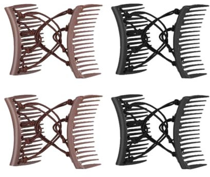 Lot de 4 pinces à cheveux élastiques à double peigne extensibles pour cheveux épais Peignes magiques vintage réglables Accessoires de coiffure Noir et café