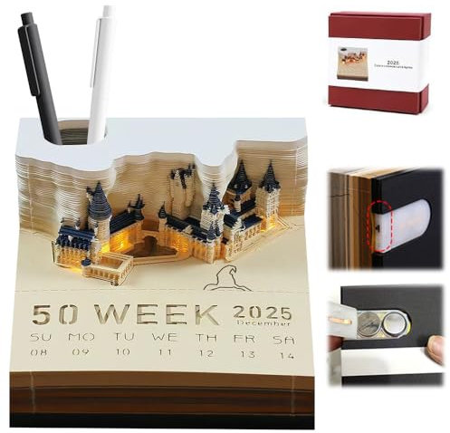 IXYHKB 3D Kalender Abreißen 2025, 3D-Notizblock Tischkalender 2025, Kreative Papierskulptur Abreißkalender 2025, 3D-Kunstkalender DIY-Notizen Zettelblock, Wochenkalender mit LED Licht