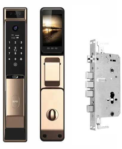 ATLION Serrure de porte, serrure intelligente avec caméra, serrure de porte intelligente avec visage 3D avec moniteur caméra sécurité, serrure de porte d'entrée sans clé avec code (doré, Lock 24 x 240