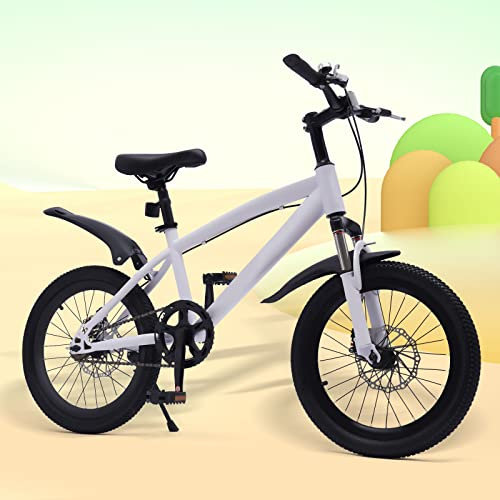 Brride 18 Zoll Kinderfahrrad mit LED-Licht & Pumpe, Verstellbarem Sitz, Kohlenstoffstahl Rahmen, PU Räder, rutschfest, Kinder Rad für 6-10 Jahre, Weiß