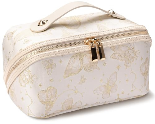Abiudeng Lot de 2 trousses de maquillage de voyage de grande capacité pour femme, trousse de toilette pour essentiels de voyage, pochette portable étanche ouverte plate avec séparateur et poignée,