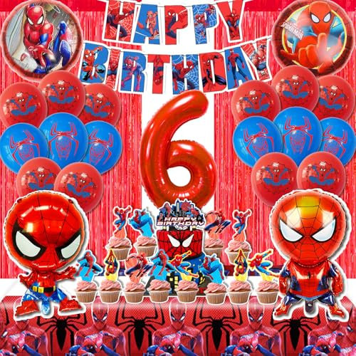POVALLOV Spiderma Geburtstag Deko 6 Jahre, 50 Stück GeburtstagspartyDekorationen, Spiderm Luftballons Themed Party Set, Spiderma luftballons Geburtstag, spiderma tortendeko, Mit Regenvorhang