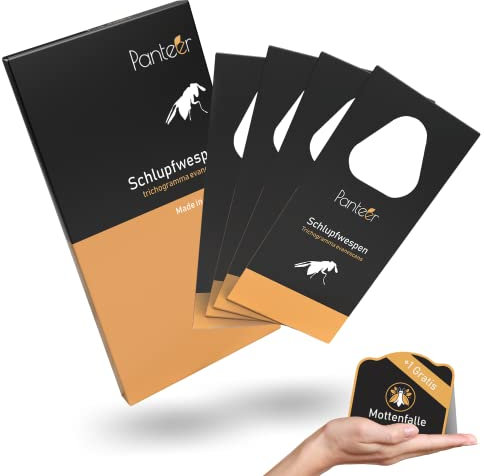 Panteer® Schlupfwespen gegen Lebensmittelmotten + GRATIS Mottenfalle - 24 Karten (8 Karten à 3 Lieferungen) - Schlupfwespen - Lebensmittelmotten Falle - Schlupfwespen gegen Motten - Made in Germany