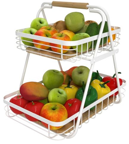 Ken's Kitchen 2 Stöckig Obstkorb Weiß Abnehmbar Obst Etagere Keine Montage,2-Tier Obstschale Küche Obstschale, Gemüsekorb Obstkörbe aus Metall für Brot, Gemüse, Snacks