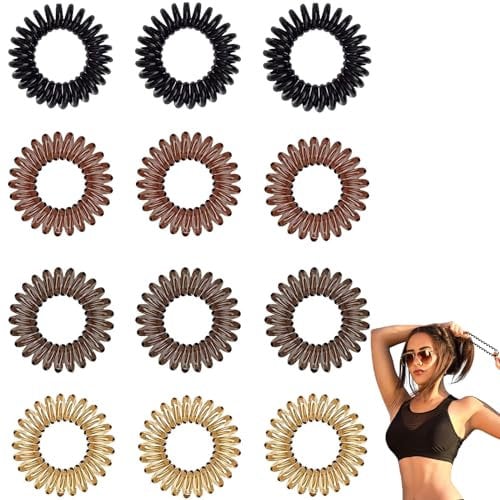 Senshuomy Spiral Hair Ties,MultiColor Hair Bands No Crease Phone Cord Hair Ties,No Damage Waterproof Plastic Hair Coil Bands for Women Girls Hair Bobbles Accessories (12 PCS)
