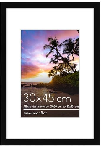 Americanflat 30x45 cm Bilderrahmen aus MDF-Holz mit 20x30 cm Passepartout - 45x30 cm Fotorahmen mit Plexiglas und integrierter Aufhängung für Hoch- und Querformat - Schwarz