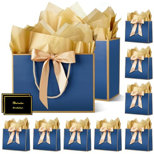 HONTIUS Sacs Cadeaux Pochette Cadeau, Lot de 10 Sac Cadeau Noel 12.59 avec 10 Papiers Sydney 10 Cartes, 32 * 25 * 10cm Sac Cadeau Anniversaire pour Anniversaire, Cadeau, Fête, Mariage Bleu