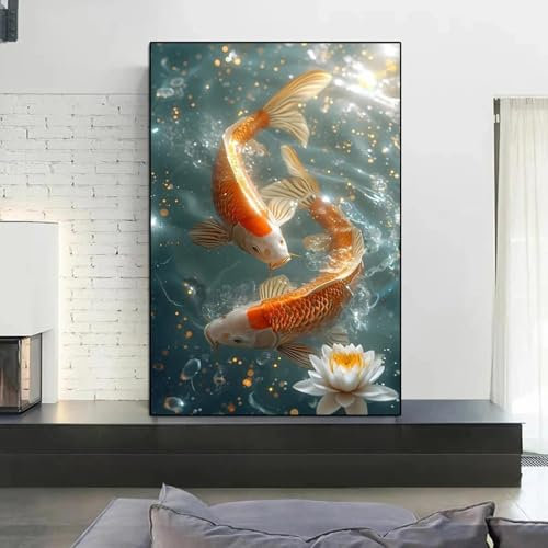 KEMEIQI Modernes Leinwandbild mit Koi-Druck, leuchtend orangefarbener Koi im Wasser, Poster, Wandkunst, für Wohnzimmer, Schlafzimmer, Kunstdekor, 60 x 90 cm, rahmenlos