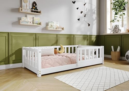 TIMBEE Lena - Kinderbett Holz - Etagenbett aus Kiefernholz mit Geländer - Sichere ungiftige Farben - Solide Konstruktion Naturholz - Langlebig und elegant - Weiß - 70x140cm - 3cm Lange Beine