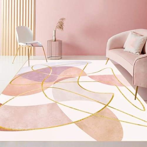 REDTAPISE Tapis Lavable pour Salon 140 x 200 cm, Rose, Jaune d'or, Orange, Blanc Crème, Designs Géométriques Modernes, Tapis Antidérapant Chambre à Coucher Femmes Filles Décorations,